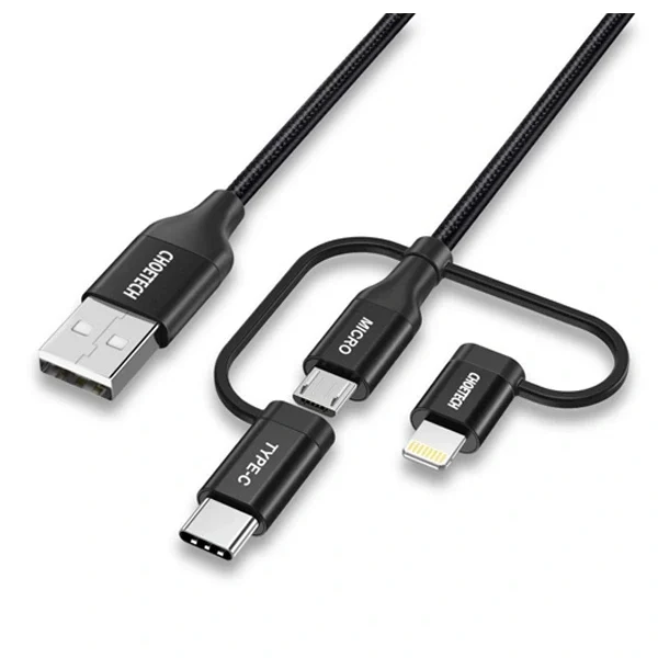Choetech Multi USB Cable, 3 In 1 Braided Cable With Lightning / Type C / Micro USB Connector 1.2m [MFi Certified] Charge & Sync Cable – Black -IP0030